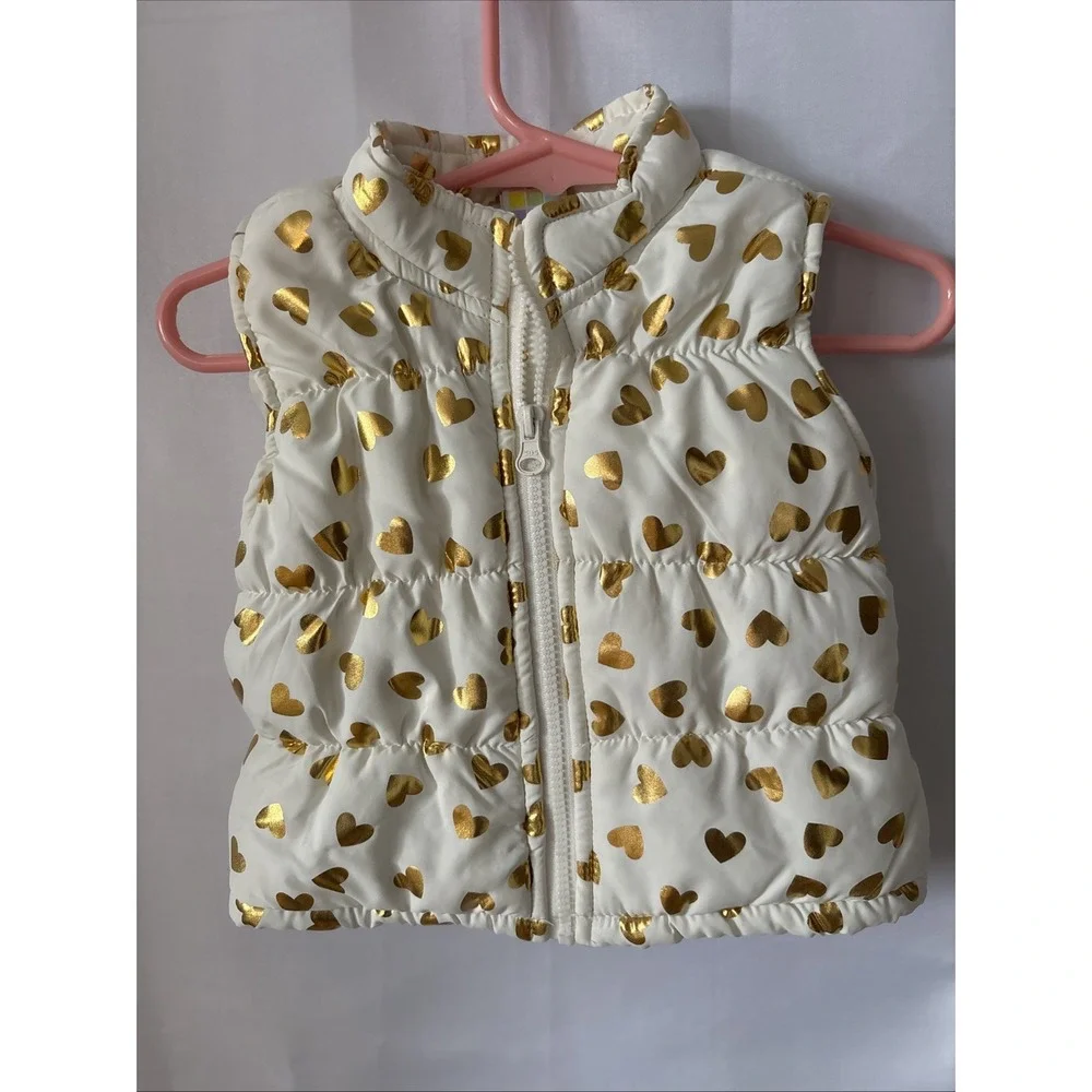 Healthtex Toddler Baby Girls‎ Puffer Vest Size 12M Ivory W/Gold Hearts NWOT